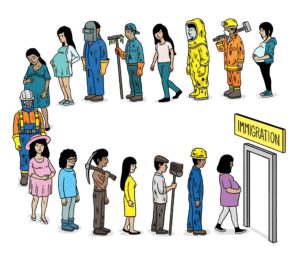 illustration of many people with different occupations lining up to immigrate